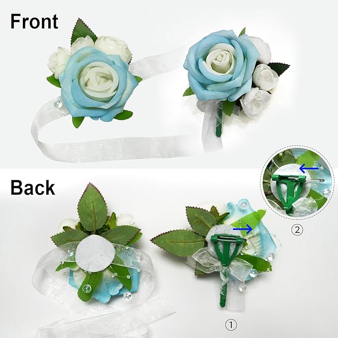 Wrist Corsage and Boutonniere Set, Artificial Rose Corsage Wristlet and Boutonniere for Wedding Prom Party (Blue, 4pcs)