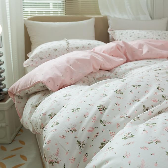 LifeTB Pink Flower Duvet Cover Twin XL Girls Aesthetic Floral Duvet Cover White Soft 100% Cotton Flower Bedding Set Cottage Floral Comforter Cover with Zipper Closure, Breathable, Easy Care