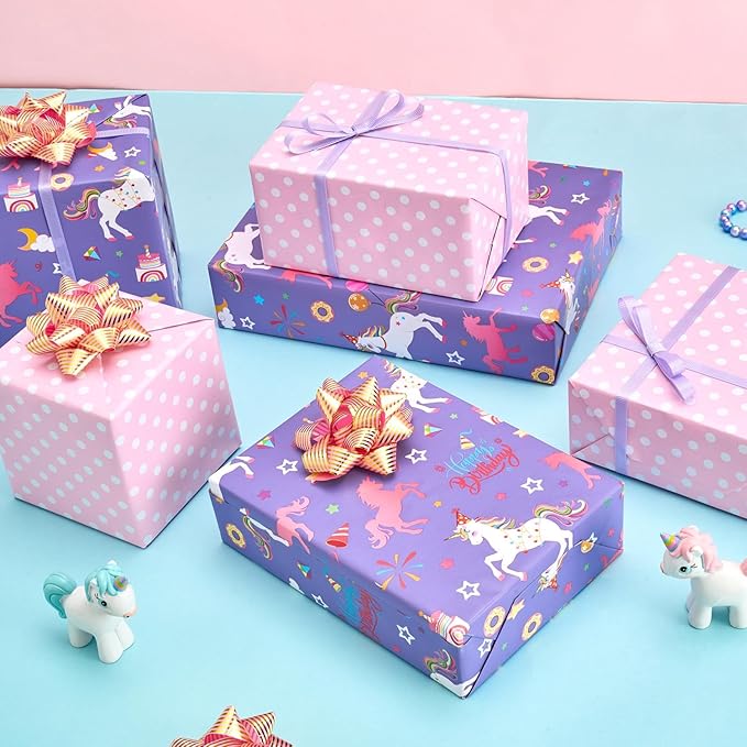 WERNNSAI Unicorn Princess Birthday Wrapping Paper Roll - 1 Roll 17”x 9.84 ft Purple Unicorn Wrapping Paper for Girls Princess Theme Birthday Gift Packing Supply Baby Shower Decor Favor