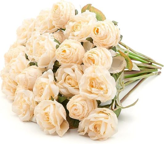 Rose Artificial Flower 28pcs Realistic Faux Silk Roses Fake Flowers Bouquets Arrangements Decor for Wedding Spring Mother's Day, Home Table Decorations, Champagne Flower