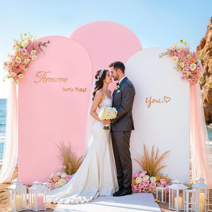 White and Pink Arch Backdrop Cover 8FT 7.2FT 6.6FT Arch Covers Stretchy Backdrop Set of 3, Wedding Arch Cover Spandex Fitted Double-Color Fabric Arch Covers for Party Baby Shower Birthday Decoration