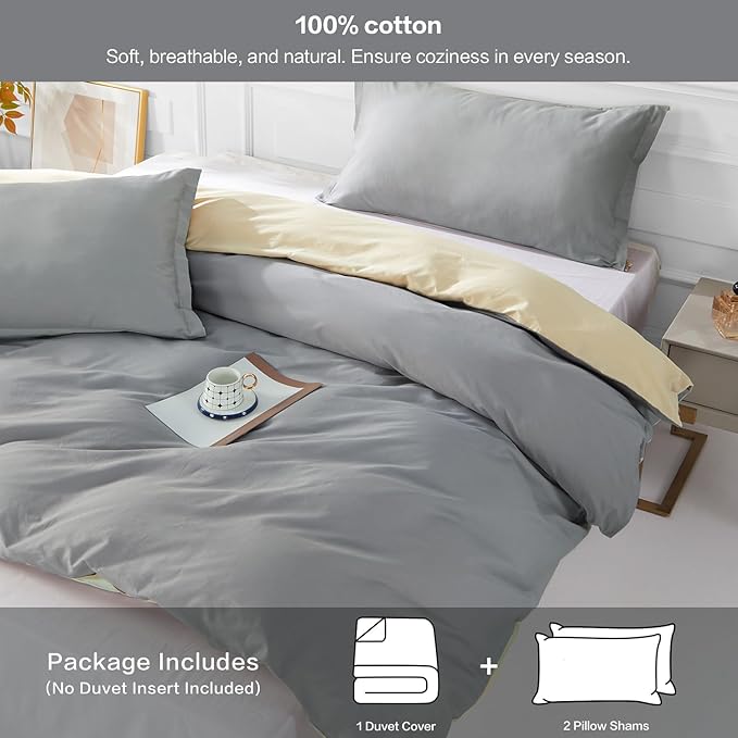 SAPHREAS Grey Duvet Cover King Size 3 Pieces Extra Soft Cotton Bedding Set for Kids & Adults, Includes 1 Duvet Cover 104"x90" with Zipper Closure & 2 Pillow Shams, Comforter Not Included