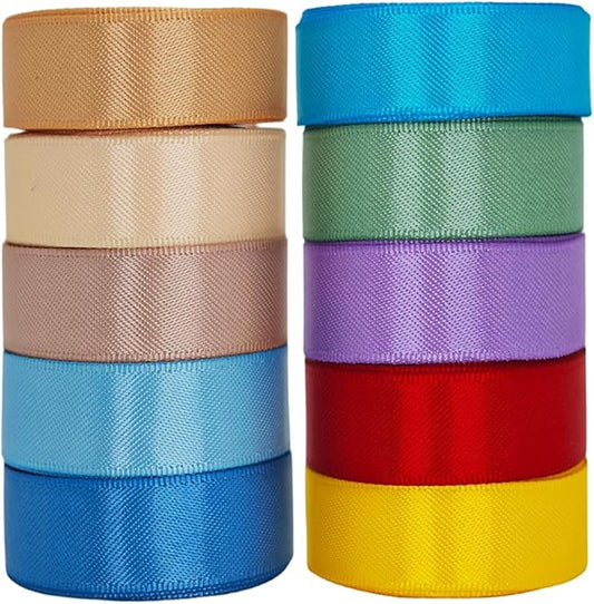 Ribbon 1 inch, 10 Vintage Colors, 50 Yards Satin Ribbon Set, Double Faced, 5 Yards Each for DIY Crafts, Gift Wrapping, Flower Bouquet, Bow, Hair, Wedding, Welcome Holiday Party Decorations