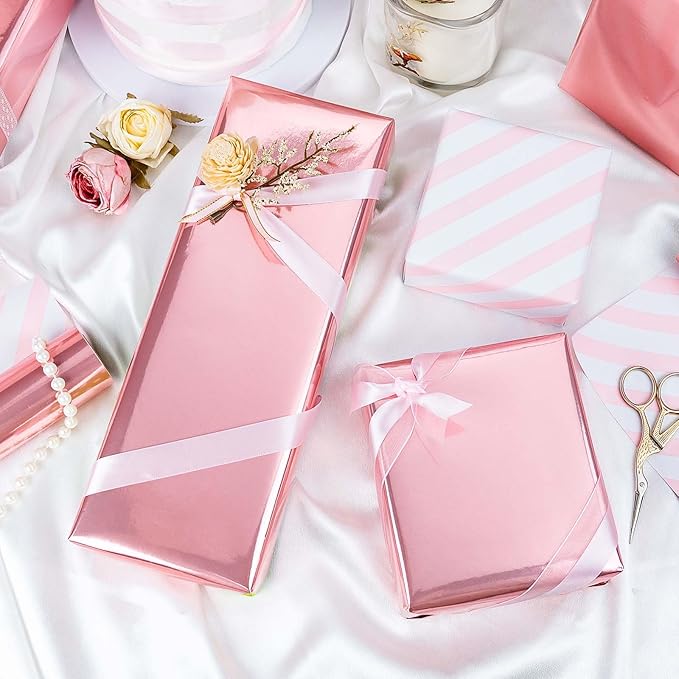 Merture Pink Wrapping Paper Roll Reversible - 17 In X 32.8 Ft(46.5 sq.ft.) Metallic Pink and Stripe Design Gift Wrap for Mothers Day, Wedding, Birthday, Christmas, Baby Shower, Valentines Day