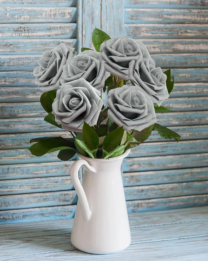 JOYLEX Artificial Flowers Realistic Roses, 50pcs Real Looking Fake Roses with Stem for DIY Wedding Bouquets Centerpieces Bridal Shower Party Home Romantic Decorations (Regular 3" - 50pcs, Grey)
