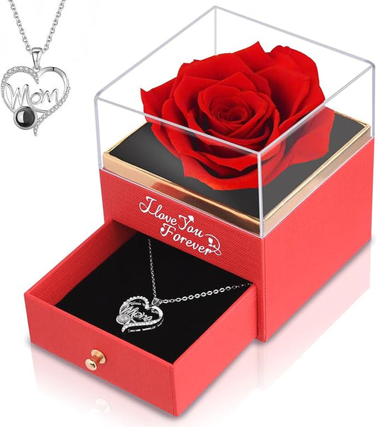 Preserved Roses Flowers Gifts for Mom: Red Real Rose with Necklace for Women Wife Grandma Daughter Sister
