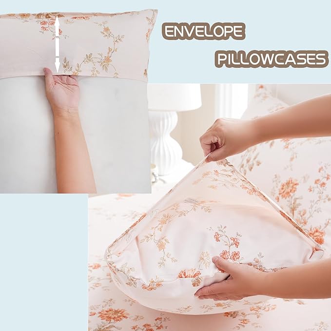 Zusbest King Size Sheets 100% Percale Cotton Orange Floral Bed Sheet Set, Brushed for Extra Softness, Breathable Luxury Flannel Sheets Like Shabby Vintage Flower Print Deep Pocket Bed Set 17.5'' 4 Pcs