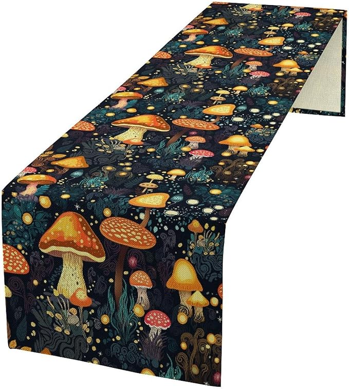 Mushrooms Forest Table Runner, Fairy Woodland Wildflower Herbs Plants Colorful Botanical Natural Farmhouse Table Runner for Kitchen Dining Table Decor, 13x60inch