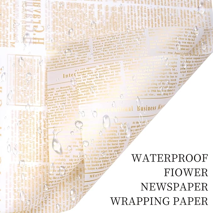 LeZakaa 20 Sheets Newsprint Flower Wrapping Paper, Waterproof Floral Bouquet Paper, White & Gold Newsprint Design for Valentine's Day, Mother's Day, Birthday Party, Bridal Shower, Wedding, Baby Shower
