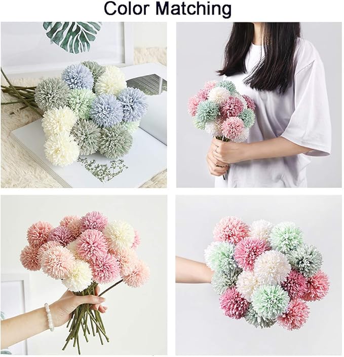 10Pcs Artificial Fake Flower Plants Silk Chrysanthemum Ball Hydrangea Arrangements Wedding Bouquets Decor Home Kitchen Garden Party Table Floral Centerpieces DIY(Dark Pink)