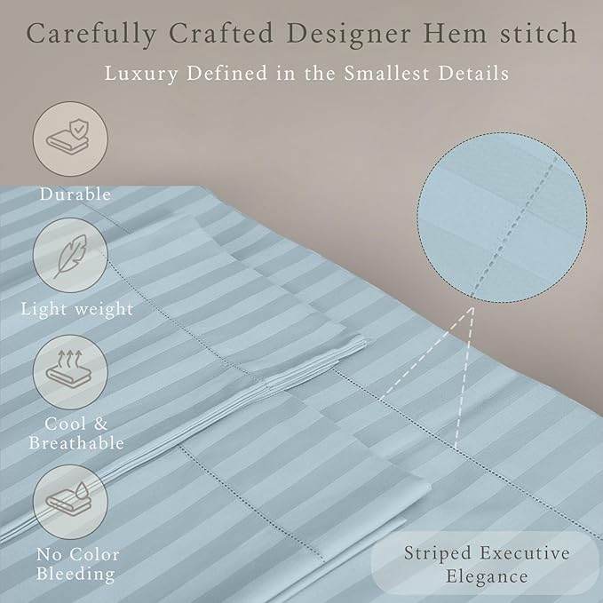 Threadmill 500 Thread Count Twin Size Damask Stripe, 3 Pc Luxury Cotton Bedding Set, Breathable Light Blue Sheets with 15" Elasticized Deep Pocket, 1 Pillowcase & Free Tote Bag