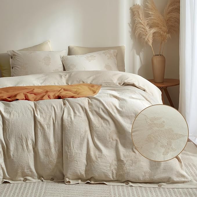 mixinni Queen Duvet Cover Set - 70% Cotton 30% Linen Blend, Bohemian Floral Jacquard 3-Piece Comforter Cover with 2 Pillowcases, Soft Breathable Lightweight Bedding Set (90"x90"), Almond Milk Grey