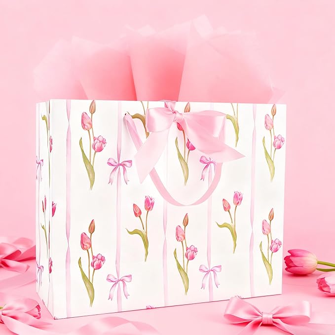 ASYEH NR 13" Large Size Pink Floral Gift Bag Tulip and Bows Pattern Gift Bag with Greeting Card Tissue Paper for Girls Women Birthday Baby Shower Wedding Mother's Day Valentine's Day Supplies