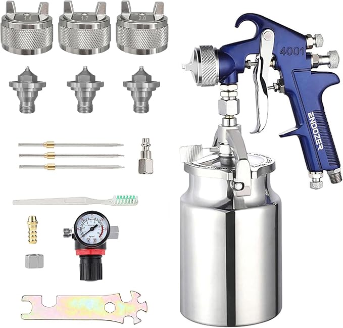 ENDOZER Professional Siphon Feed Spray Gun for Paint, Red Handle, 34 oz -1.4 1.7 2.0mm Nozzle for a Variety of Low Viscosity Paints（Blue）