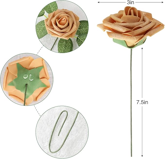 AmyHomie Artificial Flower Gold Rose 25pcs Real Looking Fake Roses w/Stem for DIY Wedding Bouquets Centerpieces Arrangements Party Baby Shower Valentines Day Christmas Tree Decorations
