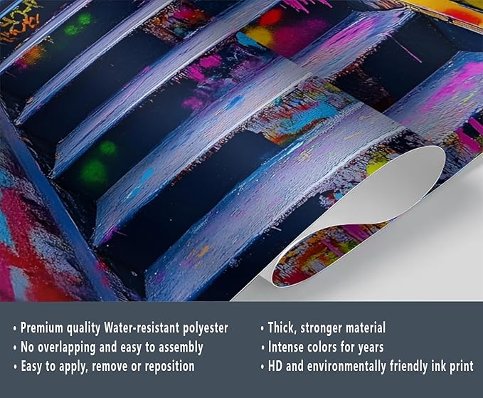 Graffiti Staircase Wall Mural, Urban Street Art 3D Wall Murals, Modern Hip-Hop Colorful Graffiti Steps Wallpaper Mural, for Living Room Bedroom Large Wallpaper Indoor Decor 137.8" W x100 H