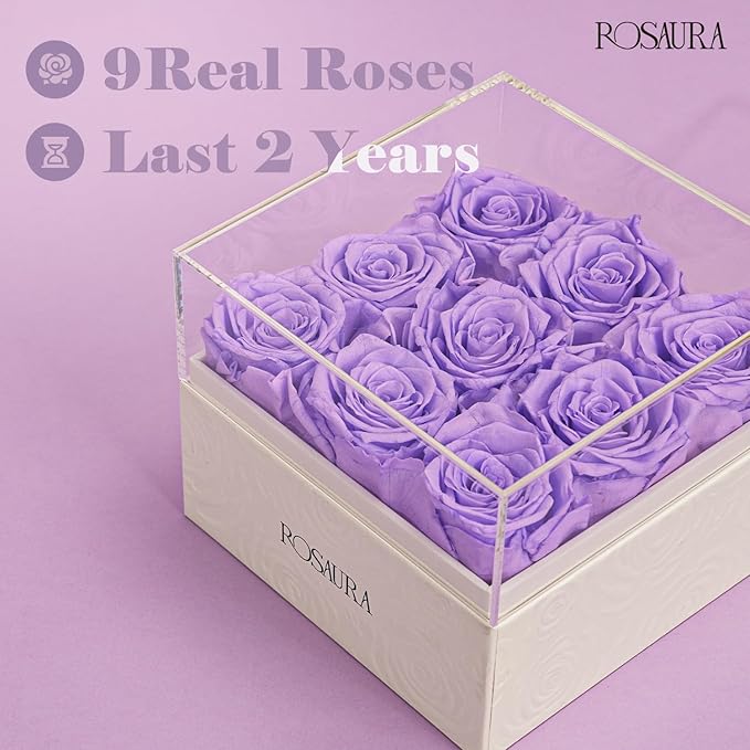 Rosaura Square Preserved Roses Gift Box - Real Forever Flowers in Clear Acrylic Lid, Valentine's for Women (Light Purple, 9 Roses)
