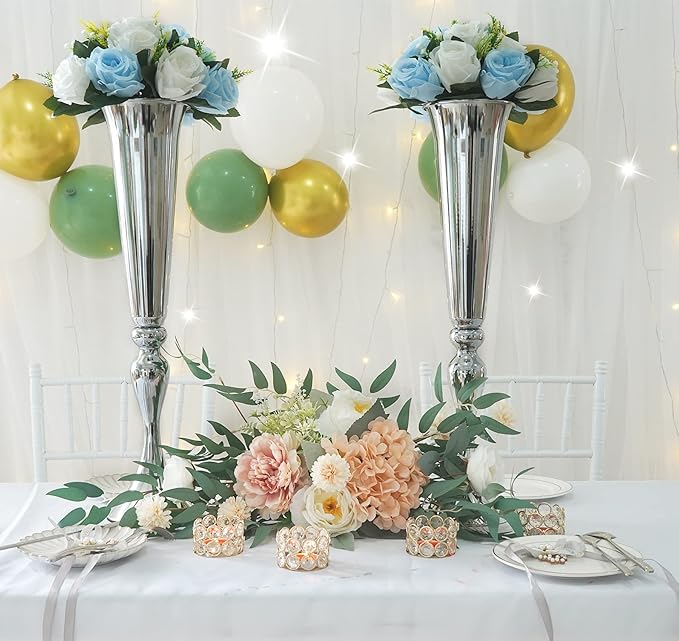 Set of 2 Versatile Metal Tabletop Flower Stands, Silver Dining Table Centerpiece Vases, 21.9" Tall Trumpet Vases for Wedding Birthday Ceremony Party Special Event Home Décor
