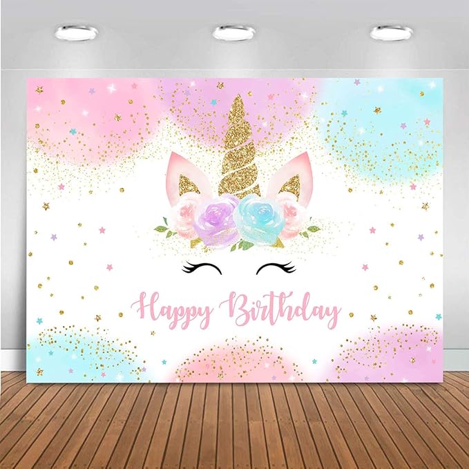 Mocsicka Unicorn Birthday Decorations Backdrop for Girls Party 5x3ft Pastel Rainbow Glitter Stars Dots Happy Birthday Banner Photo Booth Props