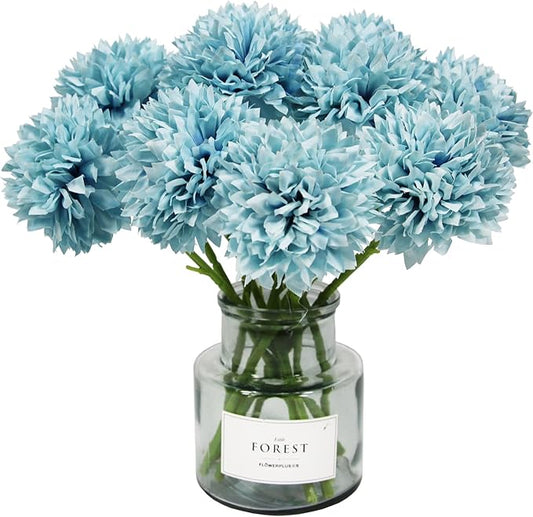 Tinsow 12 Pcs Artificial Flowers Faux Ball Chrysanthemum Bouquet Silk Light Blue Flowers Bridal Wedding Bouquet for Home Easter Party Wedding Decoration (Light Blue, 12)