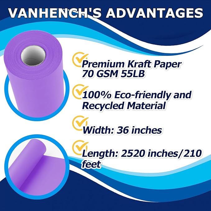 Vanhench 36" x 2520" (210') Purple Kraft Paper Wrapping Paper for Bouquet Flower Packing Birthday & Mother's Day Wrapping, Solid Color Bulletin Board Paper