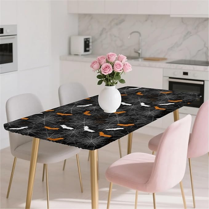 Rectangle Table Cloth Cover Waterproof Elastic Fitted Polyester Fitted Tablecloths for 4 Foot Tables for Indoor,Picnic, Camping, Outdoor （48" x 30"，Halloween）