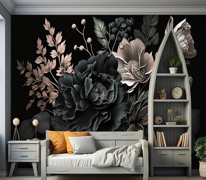 Eierme-Black Background with Flowers and Leaves Mural Wallpaper Peel and Stick 90" x 67"