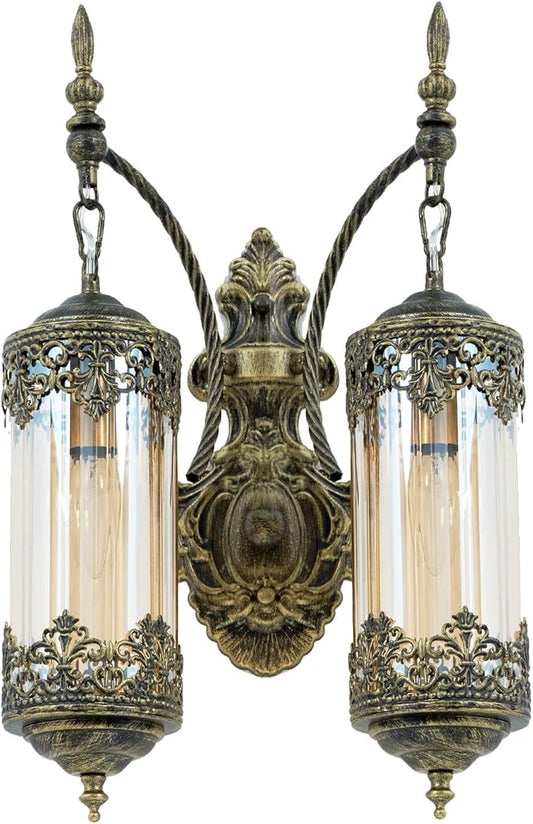 Rustic Wall Sconce with Amber Glass Vintage 2-Lights Antique Gothic Wall Light Fixture Retro Mid Centry Lantern Wall Sconce for Bedroom, Living Room, Mirror, Brush Gold, E12