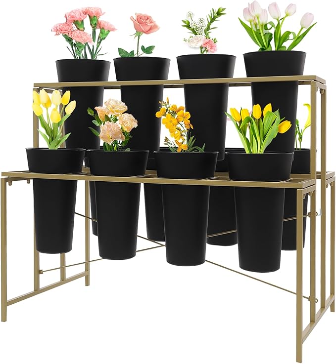 Flower Display Stand with 12 Pcs Buckets 3 Layers Metal Plant Stand Plant Cart Shelf Flower Bucket Rack Stand for Indoor Florist Garden Patio (Gold Stand-Black Round Buckets)