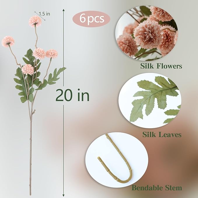 mizii 6Pcs Pink Fake Silk Pompon Mum Artificial Flowers Bulk Small Faux Chrysanthemums with Stems Realistic Floral Decorations for Wedding DIY Bouquet Centerpieces Shower Vase Home Decor (Light Pink)