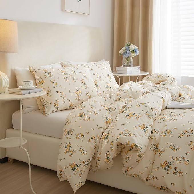 Garden Style Yellow Floral Comforter Set Twin XL Chic Flower Leaves Printed Girls Floral Bedding Set Fluffy Soft Microfiber Twin XL Comforter with 2 Pillowcases Vintage Floral Botanical Comforter Set