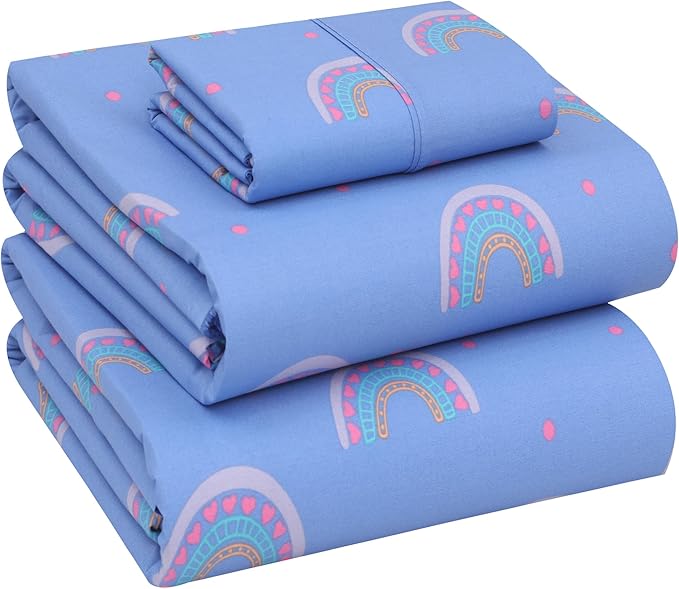 RUVANTI 100% Cotton Twin Sheets Set, 3 Pieces, Soft & Breathable Percale Weave Bedding, Deep Pocket 16", Hotel Standard, Crisp Cool Feel, Durable, Perfect Floral Bed Sheet, Baby Rainbow