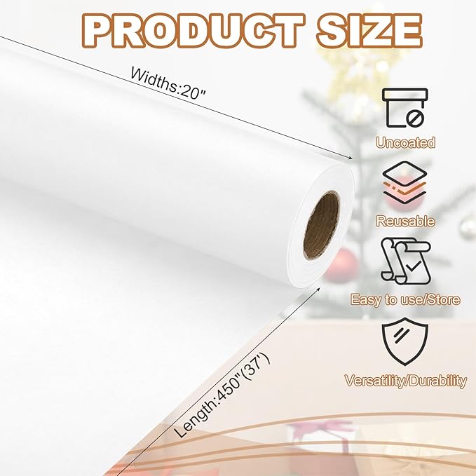 PATIKIL Wrapping Paper, 20" x 450"(37') 70 GSM Craft Paper Roll Kraft Packing Paper for Poster Bulletin Board, Gift Wrapping, White