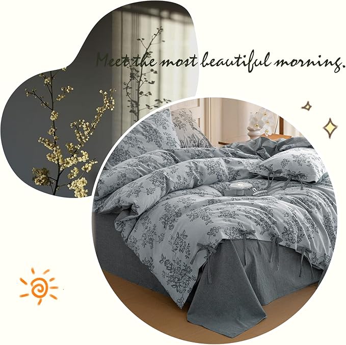 VM VOUGEMARKET Duvet Cover Set King Size Linen Cotton Yarn-Dyed Duvet Cover,Jacquard Garden Floral Pattern Monet Style 3Pieces Bedding Set,Navy Blue
