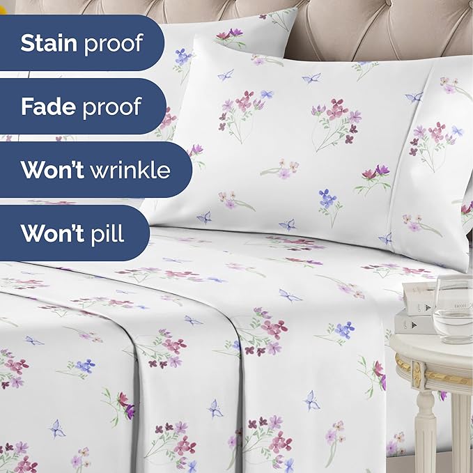 Floral Sheets - Butterfly Floral Bed Sheet Set - 1 Flat, 1 Fitted & 2 Pillowcases w/ Deep Pockets - Comfy, Wrinkle & Fade Free - Boho Botanical Bedding - Soft, Breathable and Cooling - Full Size Set