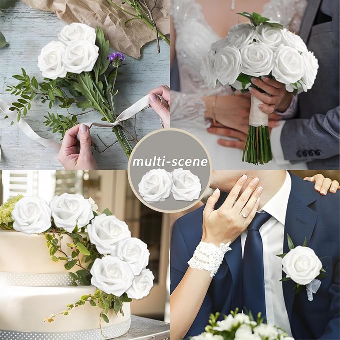 200PCS Artificial Flowers White Roses Real Looking Foam Fake Roses with Leaves and for DIY Wedding Bouquets Bridal Shower Centerpieces Party Decorations (White, 200)