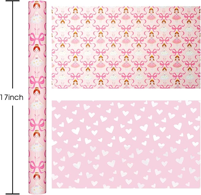 Homeral Pink Ballerina Christmas Wrapping Paper Roll - Ballet Princess with Bowknots and Snowflakes & Heart Pattern Reversible Gift Wrap for Christmas, Girls Birthday - Mini Roll - 17 Inch x 33 Feet