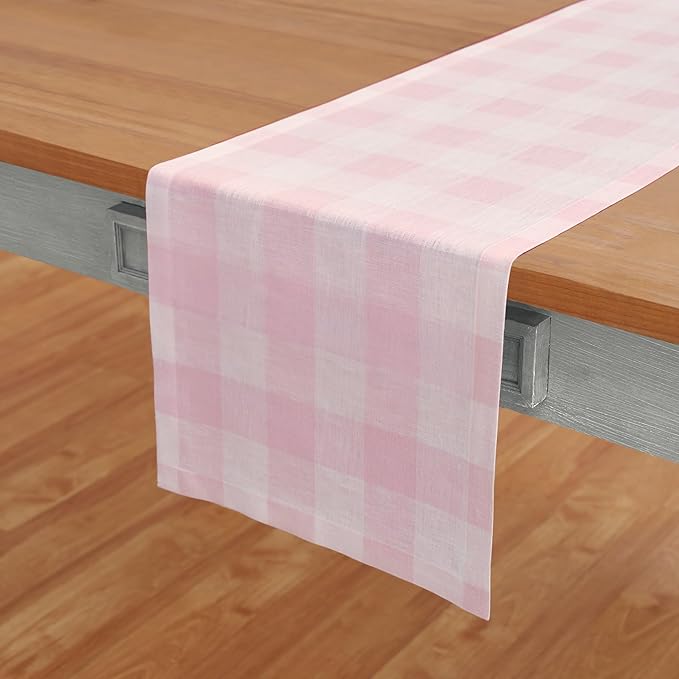 Solino Home Linen Checkered Table Runners 72 Inches Long - 100% Pure Linen Marshmellow Pink Buffalo Check Table Runner 14 x 72 Inch Ideal for Dresser, Dining, Valentines, Spring, Easter