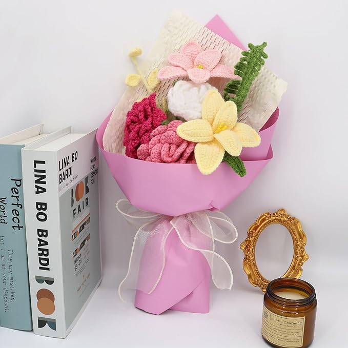 Crochet Flowers Finished Bouquet Crocheted Cotton Thread Flowers, Handmade Crochet Rose Tulip Fern Leaf as a Gift for Lover, Friends. Artificial Flower (Pink)