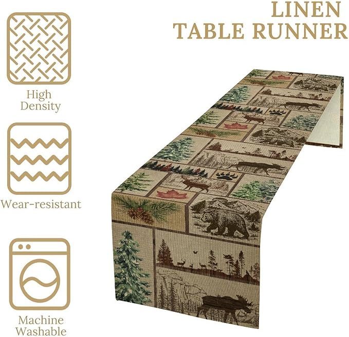 Rustic Cabin Table Runner, Farmhouse Deer Bear Retro Pine Forest Wooden Plank Wild Animal Seasonal Coffee Table Center Decor for Home Kitchen Dining Patio Holiday Party Table Decorations 13x90 inches