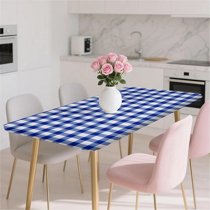 Rectangle Table Cloth Cover Waterproof Elastic Fitted Polyester Fitted Tablecloths for 8 Foot Tables for Indoor,Picnic, Camping, Outdoor （96" x 30"，Blue Grid）