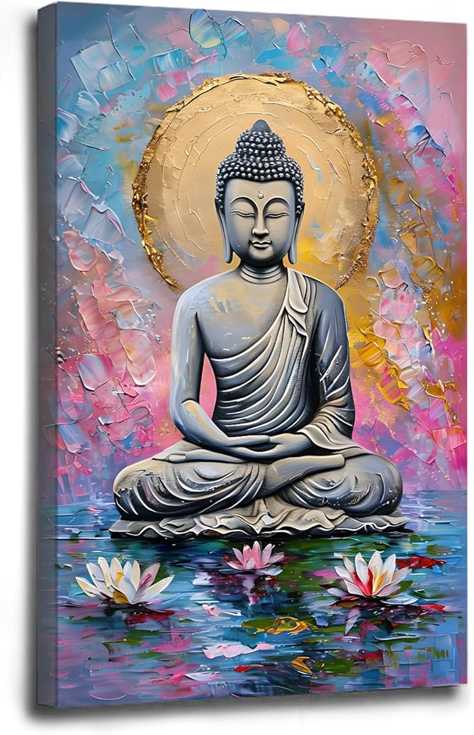Lotus and golden Buddha meditation tranquil zen wall art mindfulness wall art for spiritual harmony and tranquility decor 28x40in Wood Framed