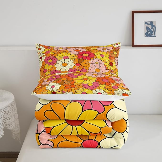 Castle Fairy Bohemian Flowers Comforter Set Full Size,70s Floral Bedding Comforters for Girls Teens,Hippie Retro Groovy Botanical Down Comforter with 2 Pillowcases,Chic