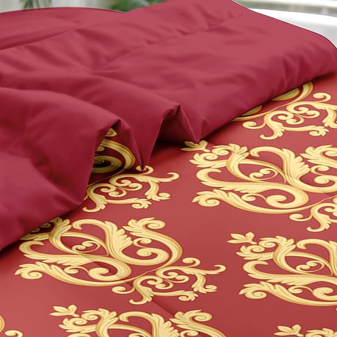 Comforter Set Full Size, Vintage Floral Gold 7 Pcs Bedding for Kids and Adults, Medieval Burgundy Red Bed Sheet Sets with Fitted Sheet 2 Pillowcase & 2 Sham for Bedroom Bed Decor