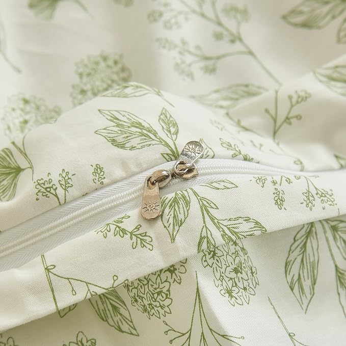 HighBuy 3 Pieces Duvet Cover Queen White Duvet Cover with Green Floral Print,Coquette Soft Cotton Comforter Cover Boho Style,Aesthetic Queen Bedding Set with Zipper Closure 4 Ties,All Season