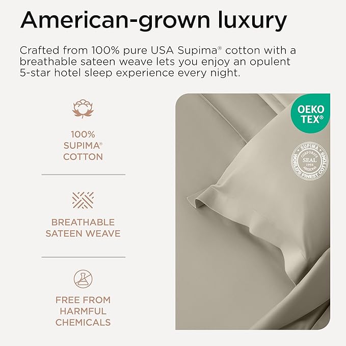 Threadmill California King Sheets, Certified American Supima Cotton Sheets, 1200 Thread Count Hotel Quality, 4 Piece Luxury Bed Sheets Set with Elasticized Extra Deep Pocket, Taupe