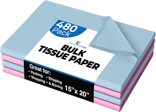 Party Solids Pink & Blue Tissue Paper for Gift Bags - 15" X 20" Bulk Tissue Paper Pink & Blue 480 Sheets - 10lb Newsprint for Packing, Birthday Gift Box Filler, Packing Supplies for Moving Supplies
