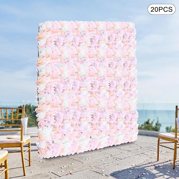 20 Pack Flowers Wall Panels Artificial Flowers Wall Decoration Flower Wall Mat Silk Flower Panels Rose Hydrangea Wall Backdrop for Wedding Party Home Christmas Festival, 24 x 16 inch (B)