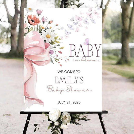 Personalized Pink Bow Baby Shower Welcome Sign, Custom Minimalist Bow Baby Girl Party Sign, Baby's Shower Gifts, Birthday Gifts, Gender Reveal Decorations, Newborn Announcement Party Supplies - 09