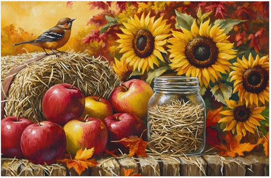 Autumn Apple Flower Sunflower Placemats Set of 1 PVC Vinyl Non Slip Table Mats Heat Resistant Place Mats Washable Wipeable Dining Table Mat for Kitchen Decor Party Indoor Outdoor Decorative Gift